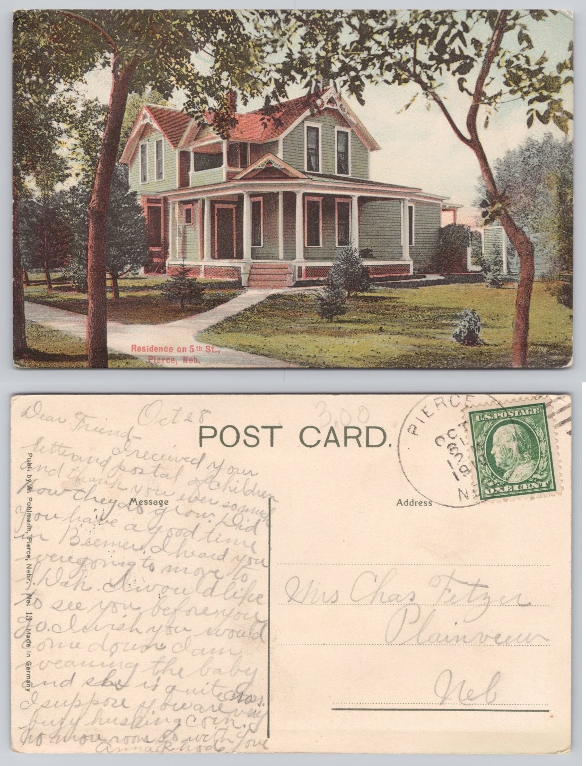 1908 Pierce Nebraska Residence on 5th St. House Postcard W.A. Pohlmann