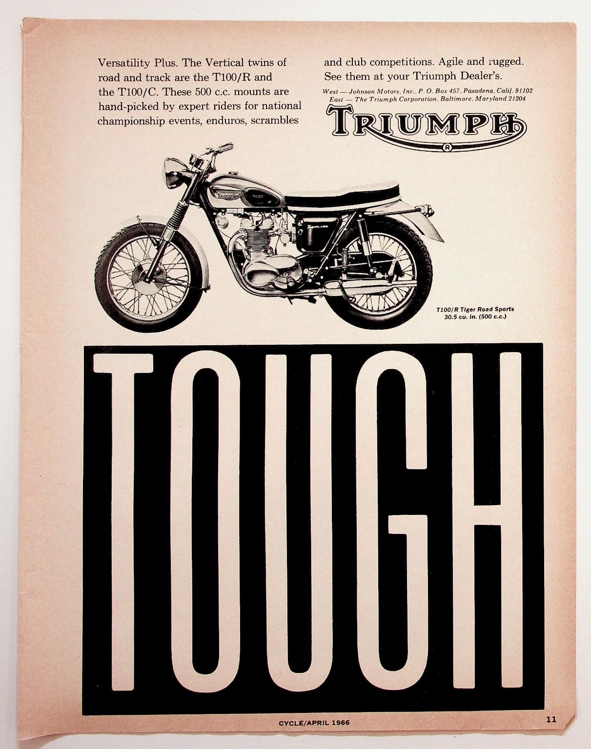 1966 Triumph T100/R Tiger Motorcycle Vintage Magazine Ad Ephemera