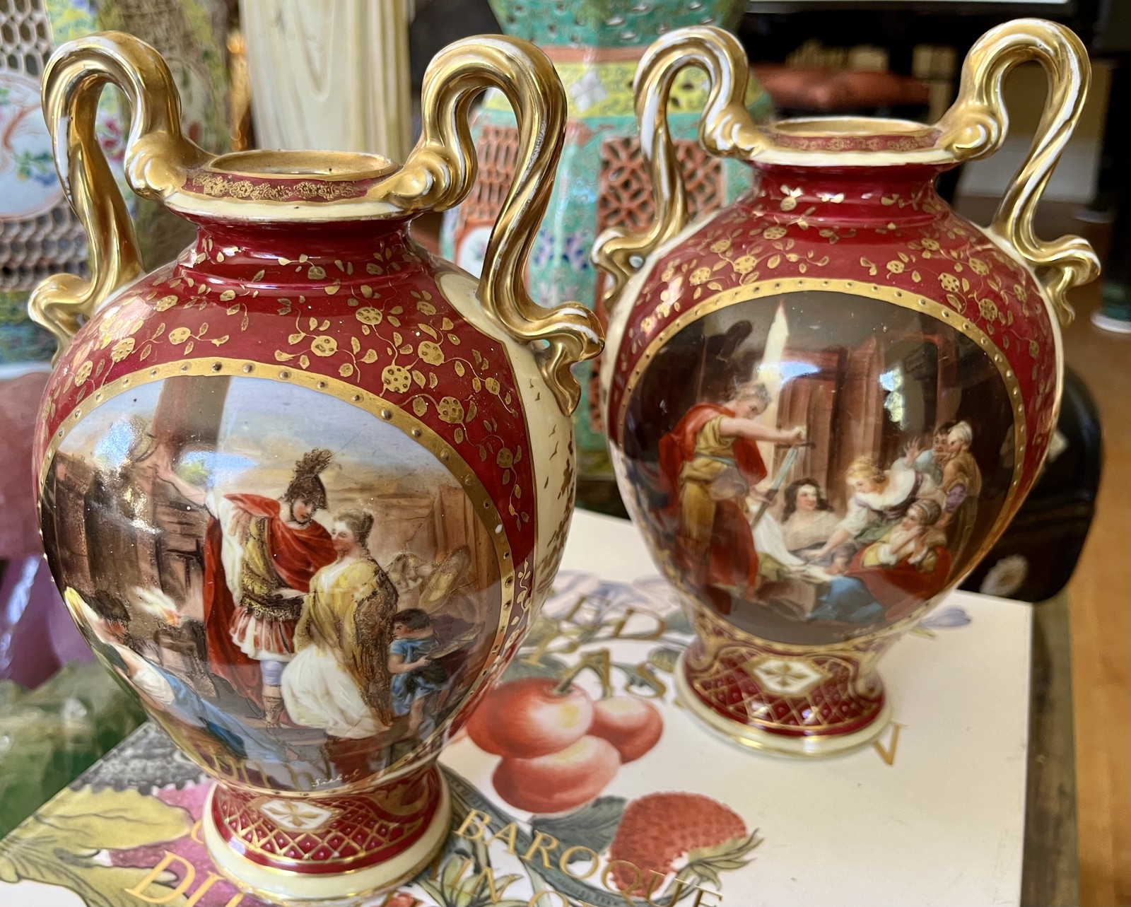 Pair Antique 19th Royal Vienna Signed Hand-Painted Porcelain Vases