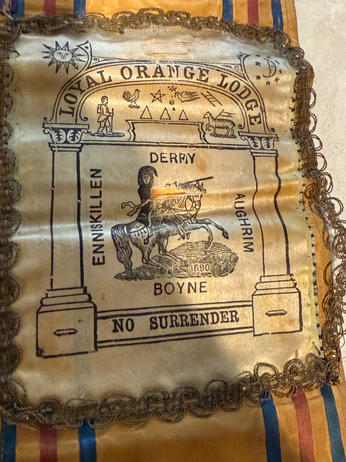 Vtg Loyal Orange Lodge Sash Ireland Derry Boyne Aughrim Enniskillen ID'd Owner
