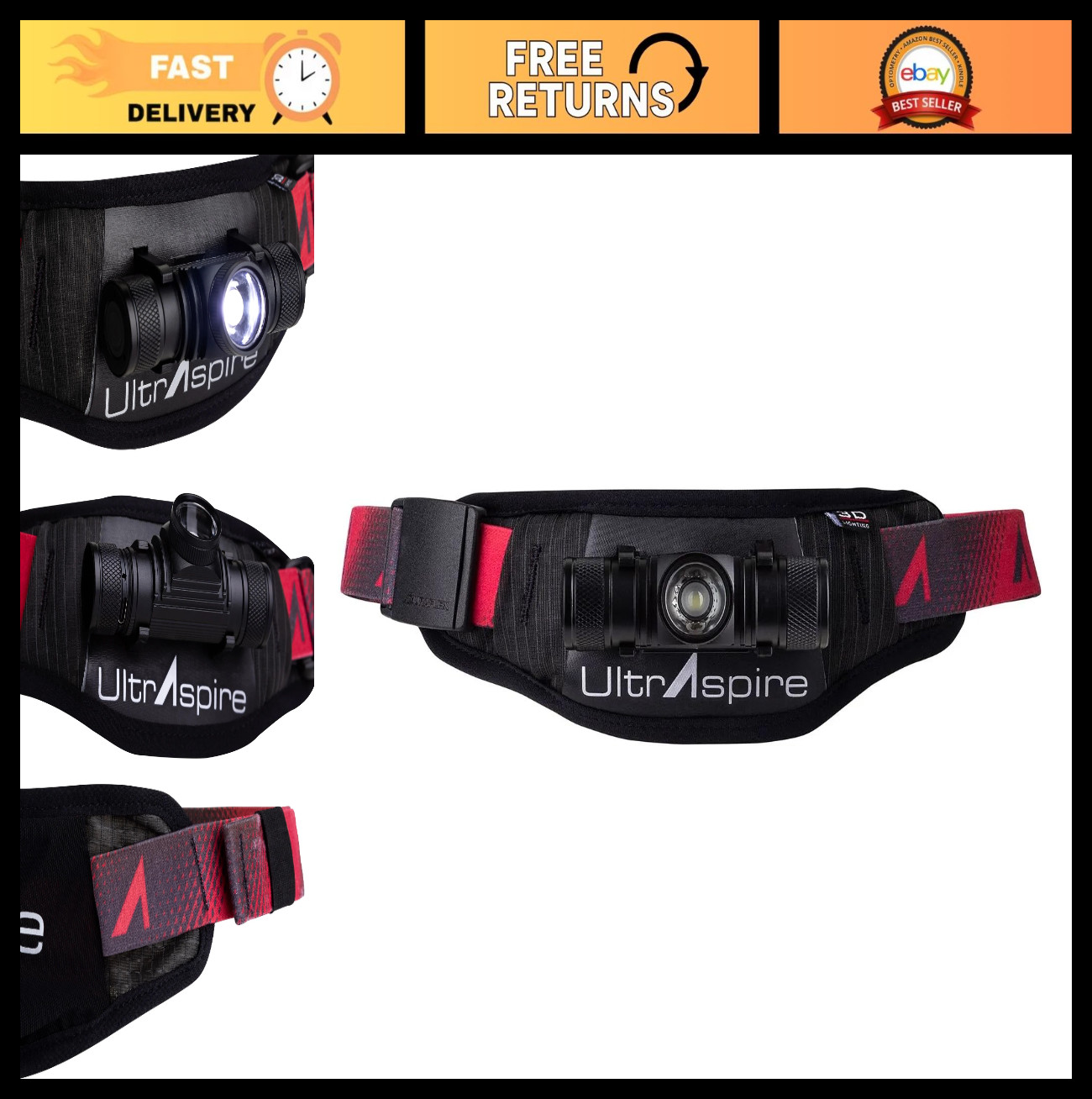 Lightweight Water Resistant Waist Light Belt | 400 Lumens, Running Gear, Black/R