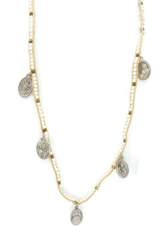 Vintage Religious Medal Necklace White Bead Cord 28\