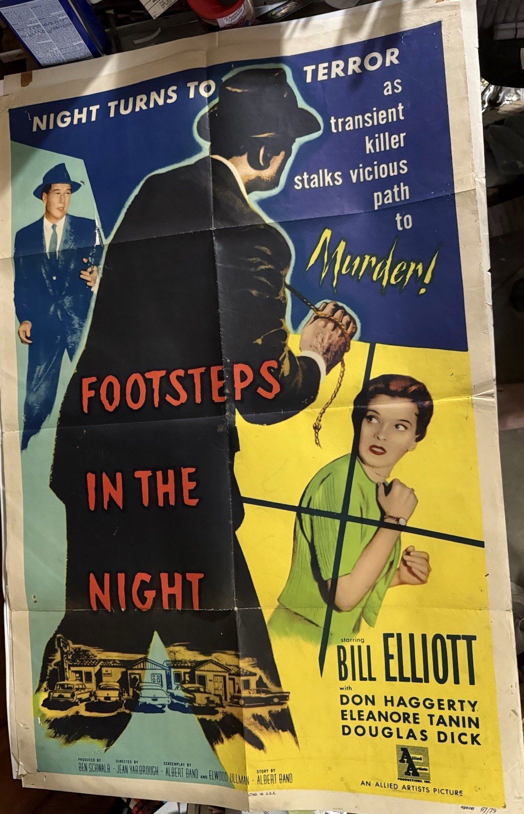 FOOTSTEPS IN THE NIGHT 1957 VINTAGE MOVIE POSTER Murder Bill Elliot Allied Art