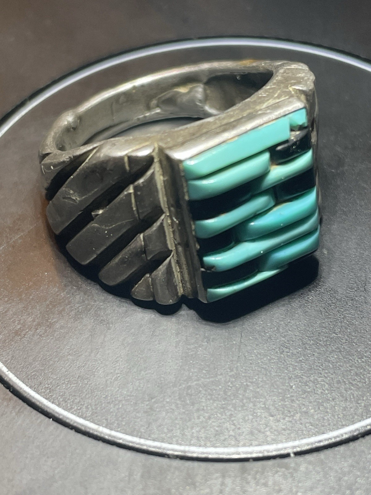 Vintage Zuni Heavy Channel Inlay Ring Geometric Stair-Step Turquoise Jet 15.9g