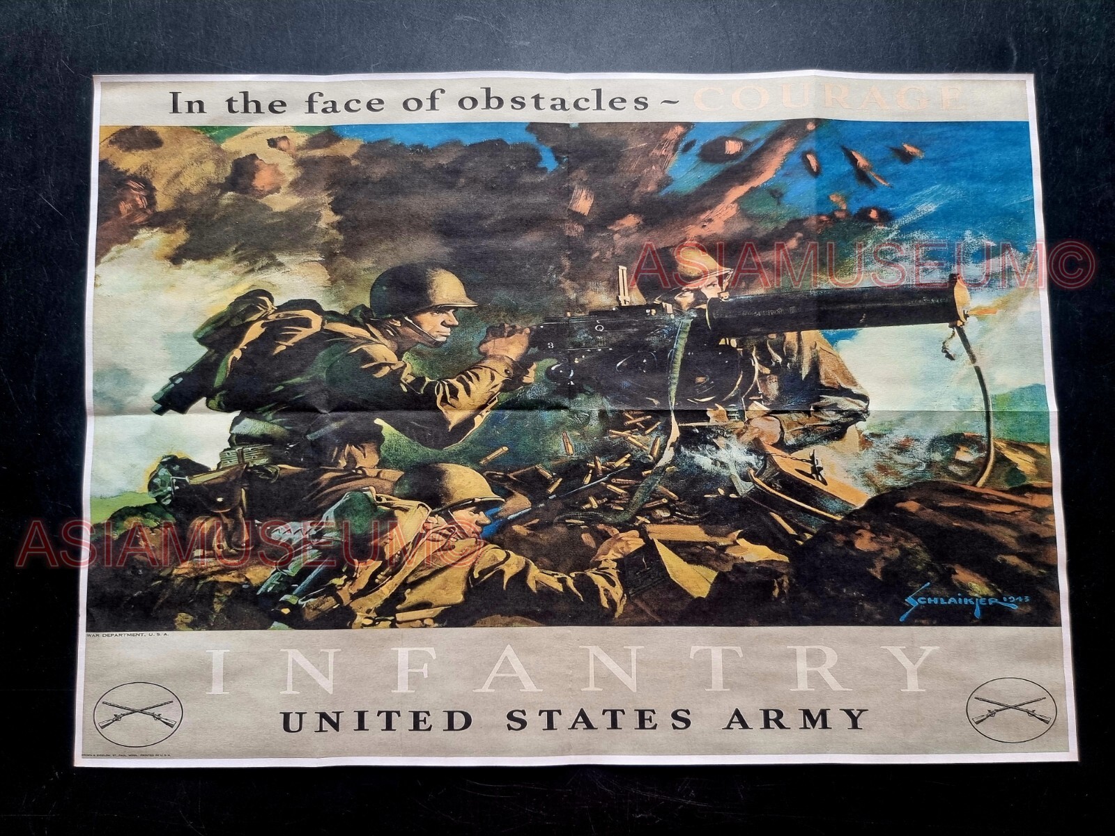 1943 WW2 USA IN THE FACE OF OBSTACLE INFANTRY ARMY GUNS PROPAGANDA POSTER 579