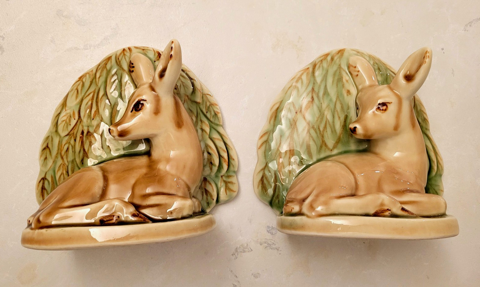Vintage Mid Century Hand Painted Glazed Ceramic Deer Fawn Bookends Vontury HTF 