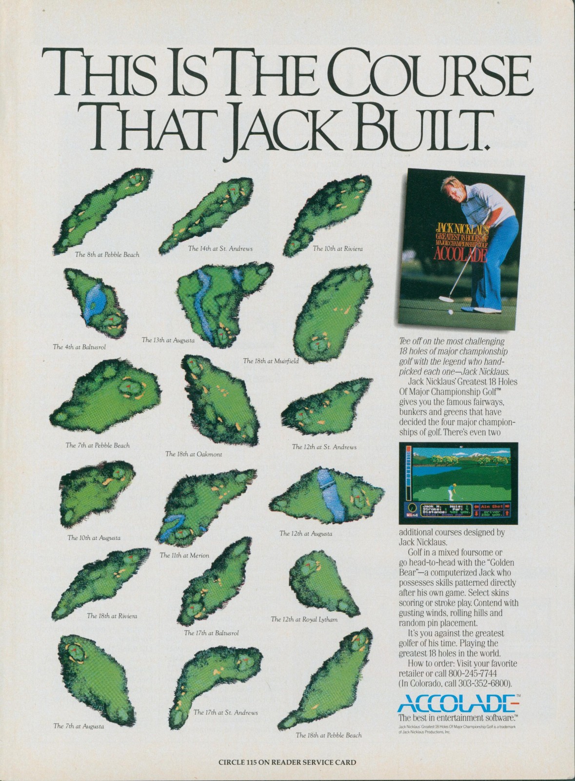 1989 Accolade Golf Course Jack Nicklaus Built Video Game 18 Champion Hole Ad PC3