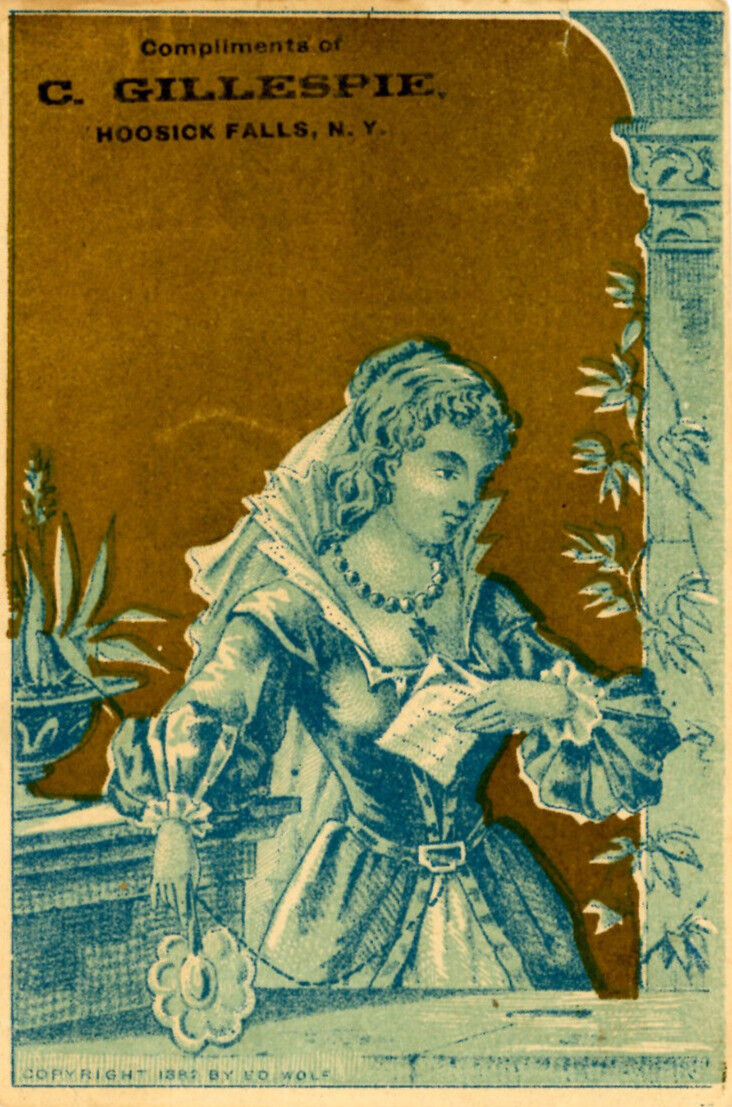 Trade Card C Gillespie Hoosick Falls NY Kid Gloves Pretty Woman -9256
