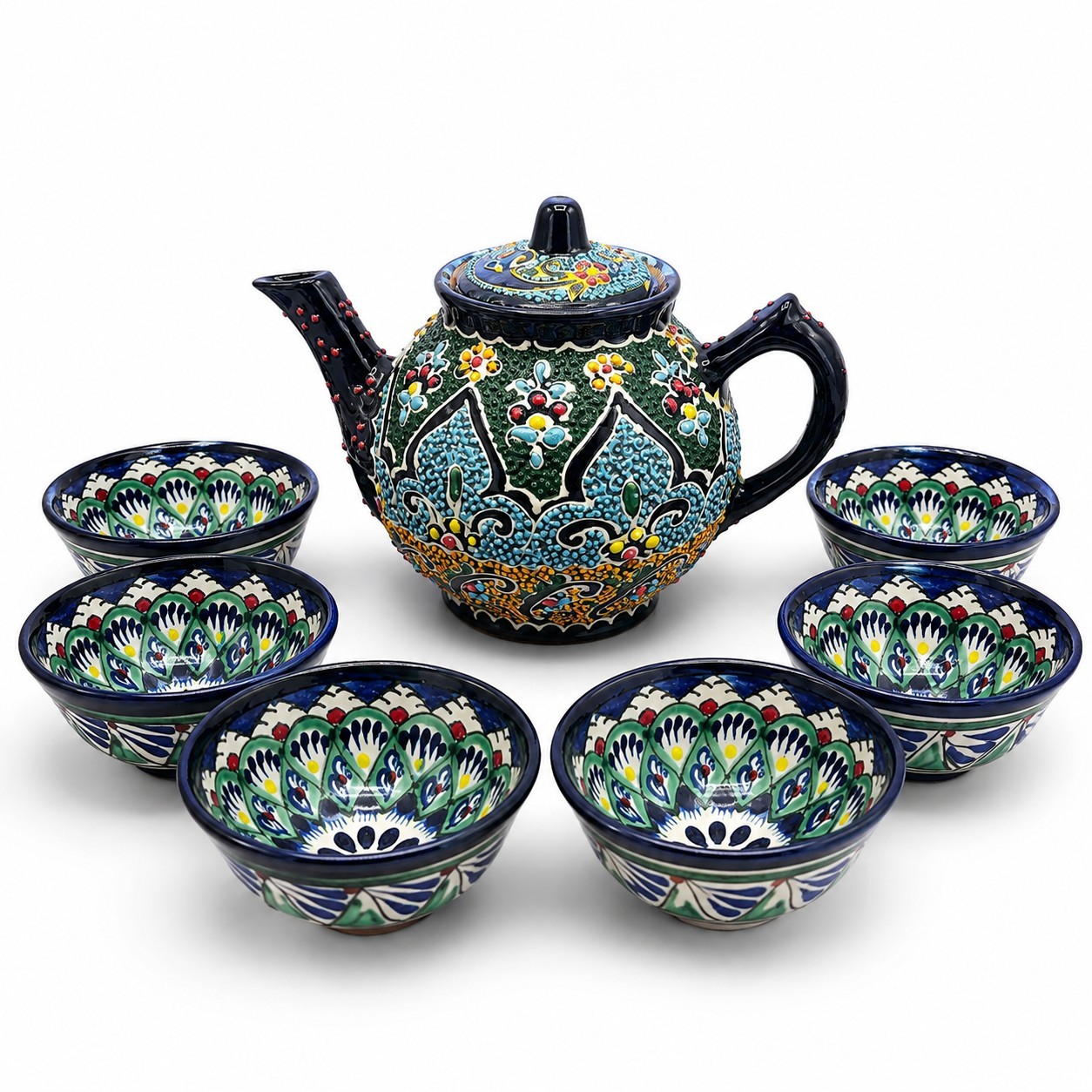 Authentic Uzbek Handmade Rishtan Ceramic Tea Set - Hand Painted Teapot + 6 Bowls