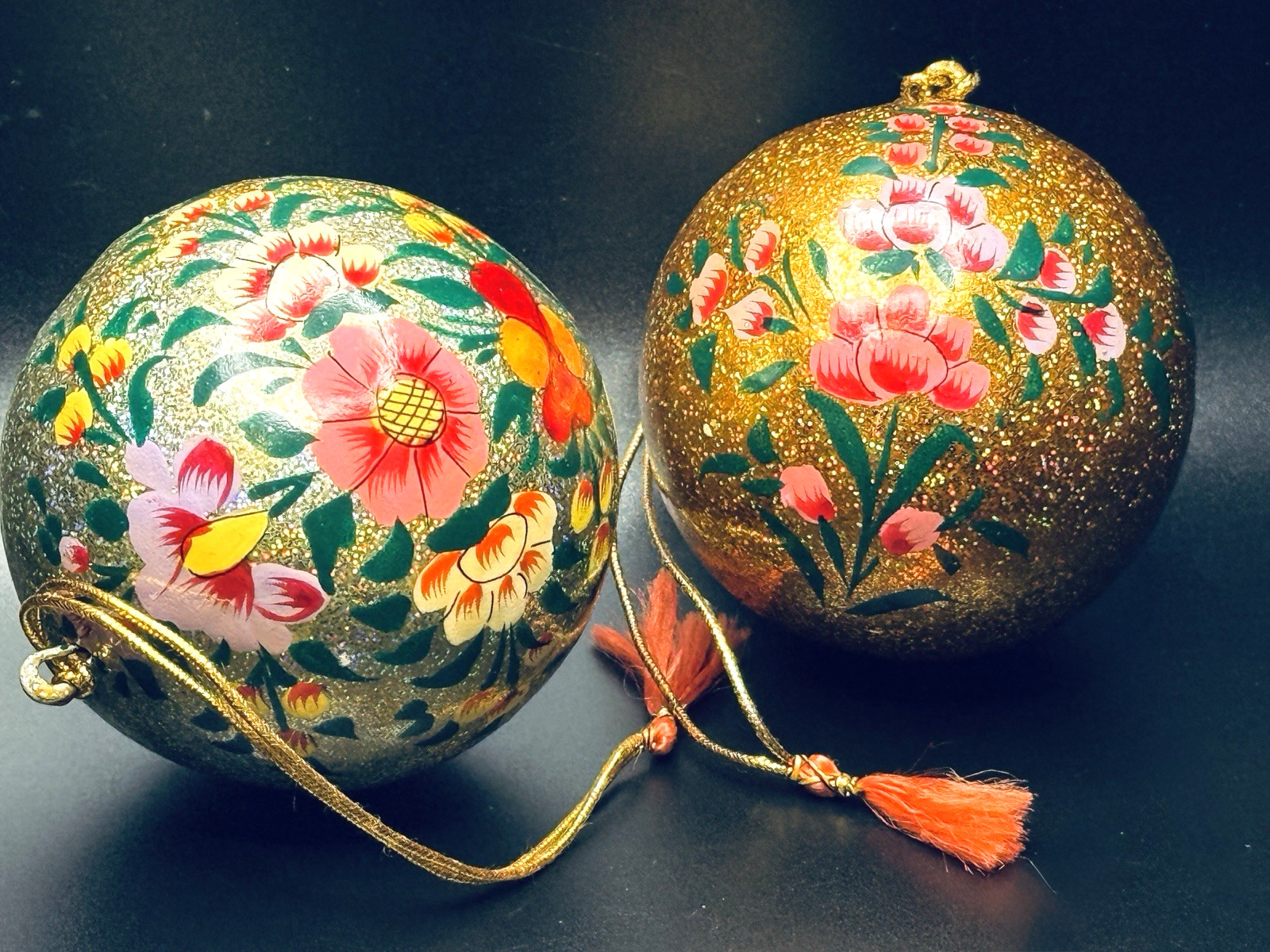 Beautiful Pair of Vintage Kashmiri Hand-Painted Papier-Mâché Ornaments