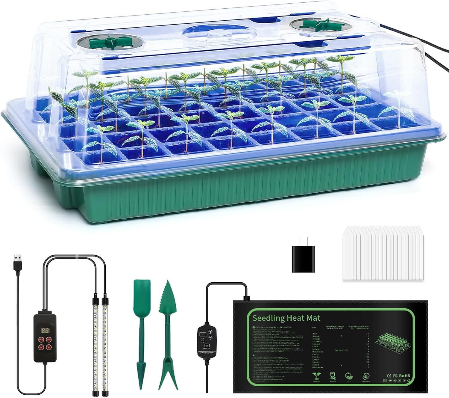 40 Cell Seed Starter Kit with Grow Light and Graphene Heating Mat, Reusable Seed