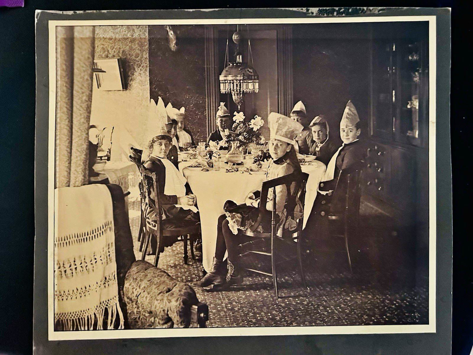 Large Antique Photo Edwardian Childrens Birthday Party Hats Doll 1905 sad party