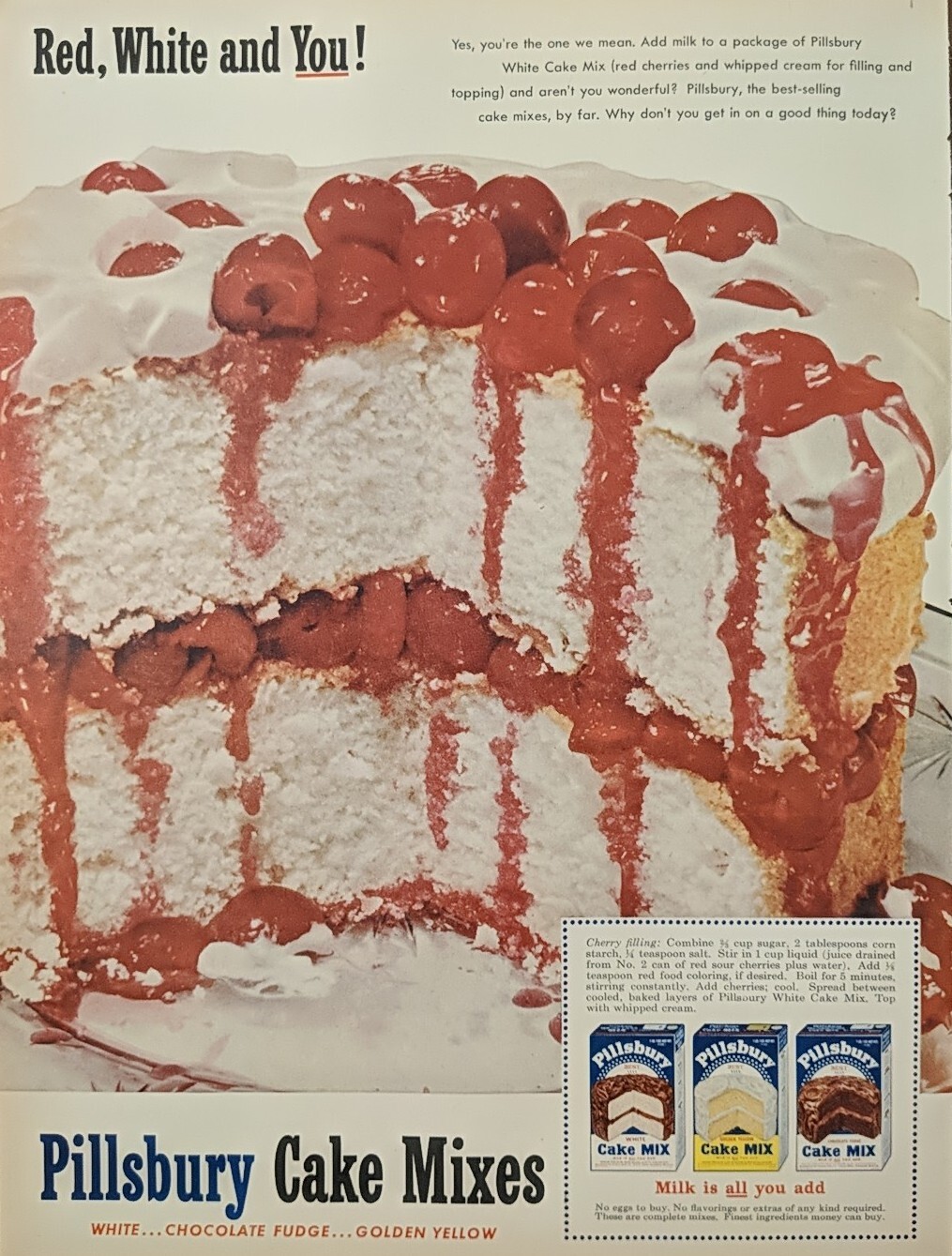 1953 Pillsbury Cake Mixes Print Ad,  White Mix With Cherries Whipped Cream 