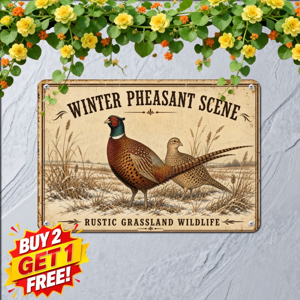 Pheasant Hunting In Snow Tin Sign Winter Wildlife Cabin Wall Decor 8x12 In