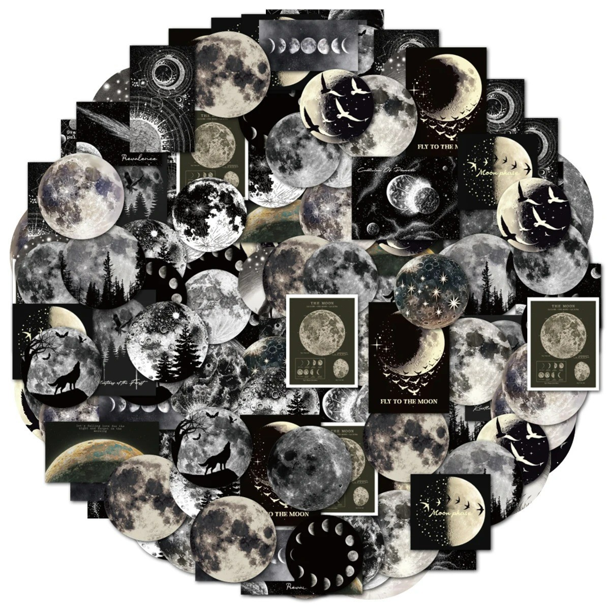 100pcs Black and White Moon Cosmic Pattern Stickers for Notebooks Water Bottle