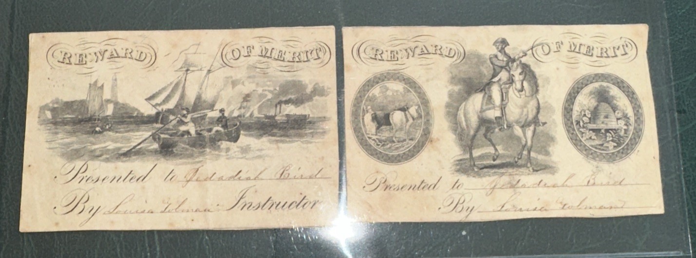 2 1800s RARE Rewards of Merit School Beautiful Typography Ships Boat General Wow