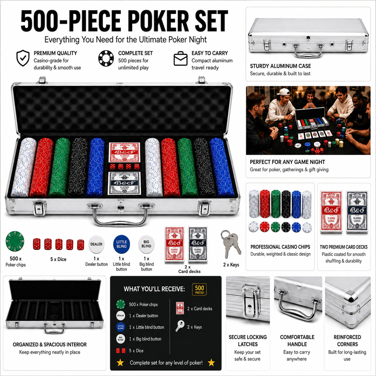 NEW 500pc Poker Chip Set – Aluminum Case Cards Dice Texas Hold'em
