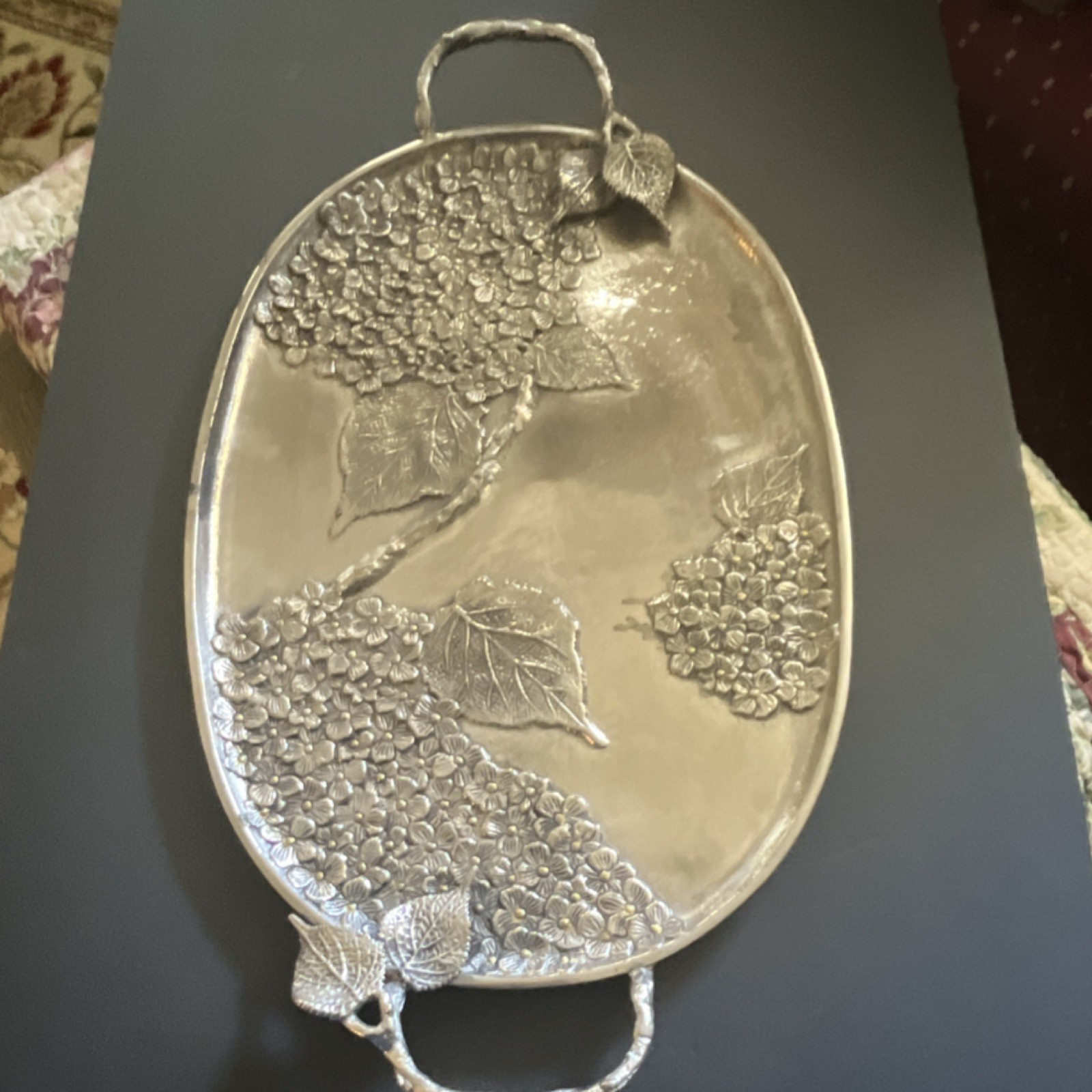 Gorgeous  Pewter Tray Hydrangea Floral and Leaf Design and Handles
