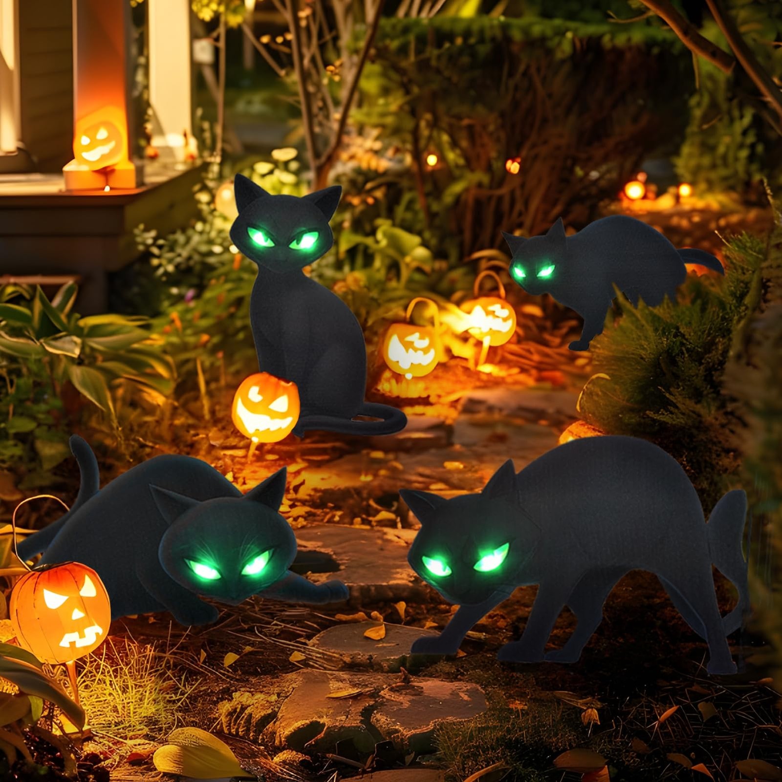 Lighted Black Cat Decor Yard Signs, 4 PCS Halloween Decorations Outdoor