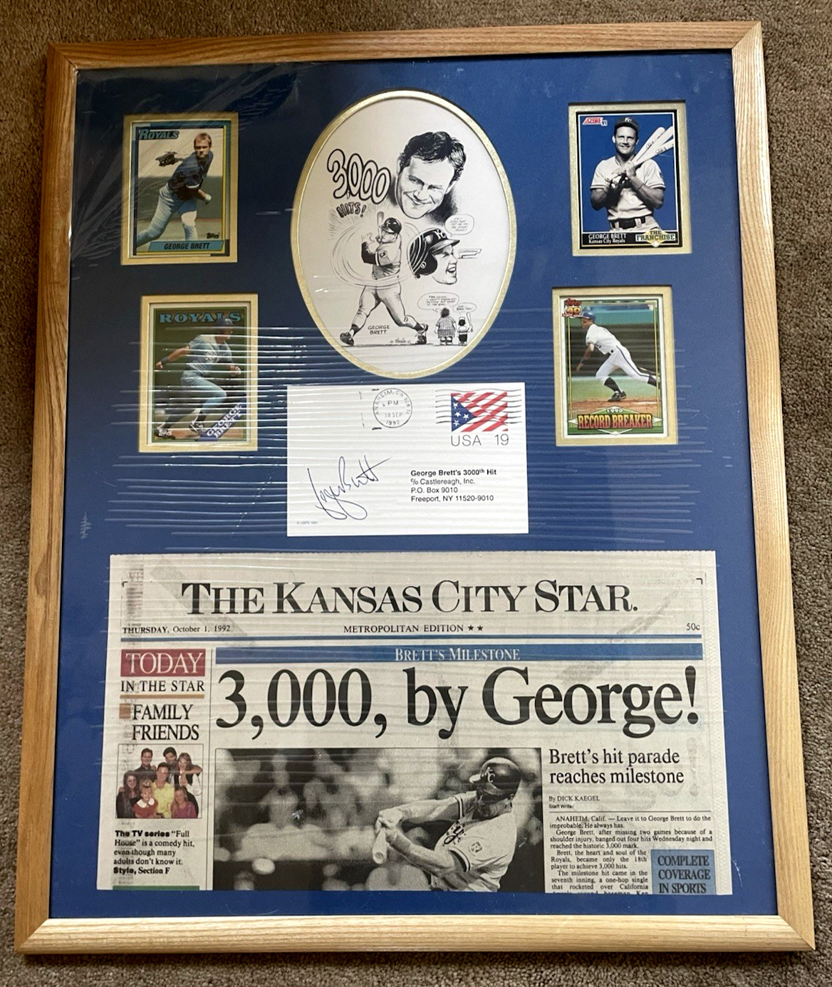 1992 George Brett 3000 Hit Newspaper.  Autograph and Baseball Cards
