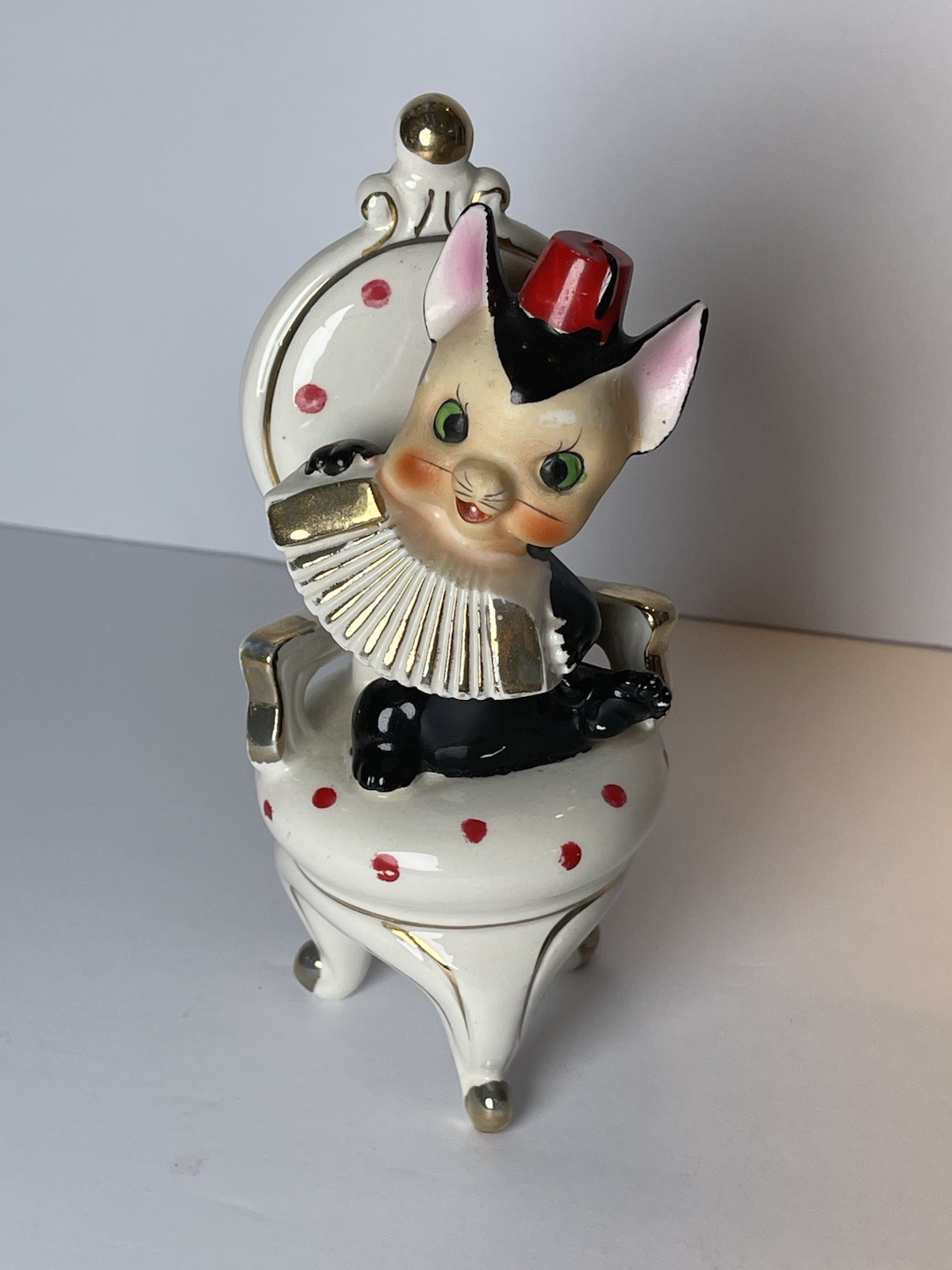 Vintage Anthropomorphic Cat Playing Accordion Polka Dot Chair Ceramic Figurine