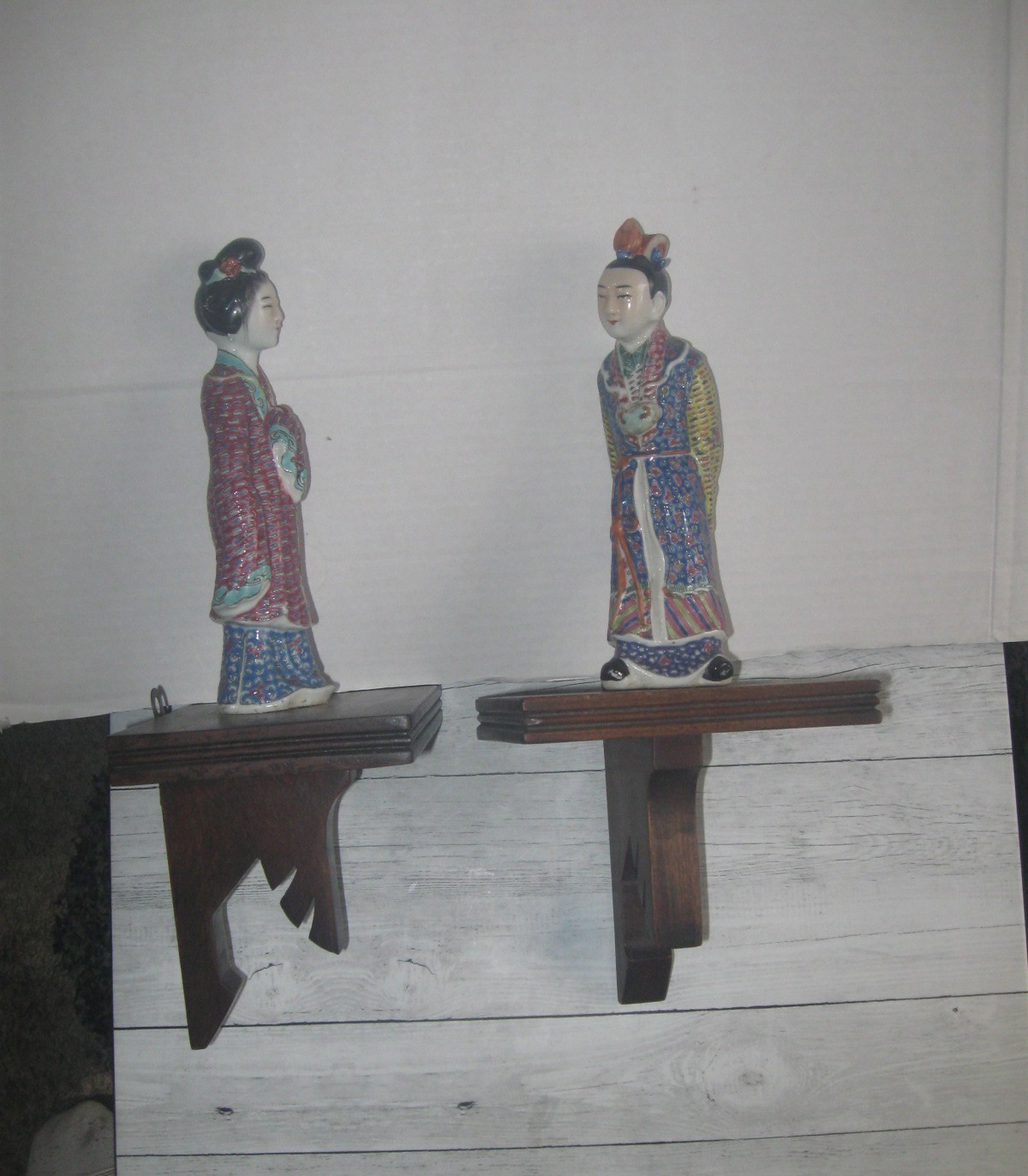 Chinese  Figurines Wearing Colorful Robes On Wooden Wall Mounts, Mid 20th Cent.