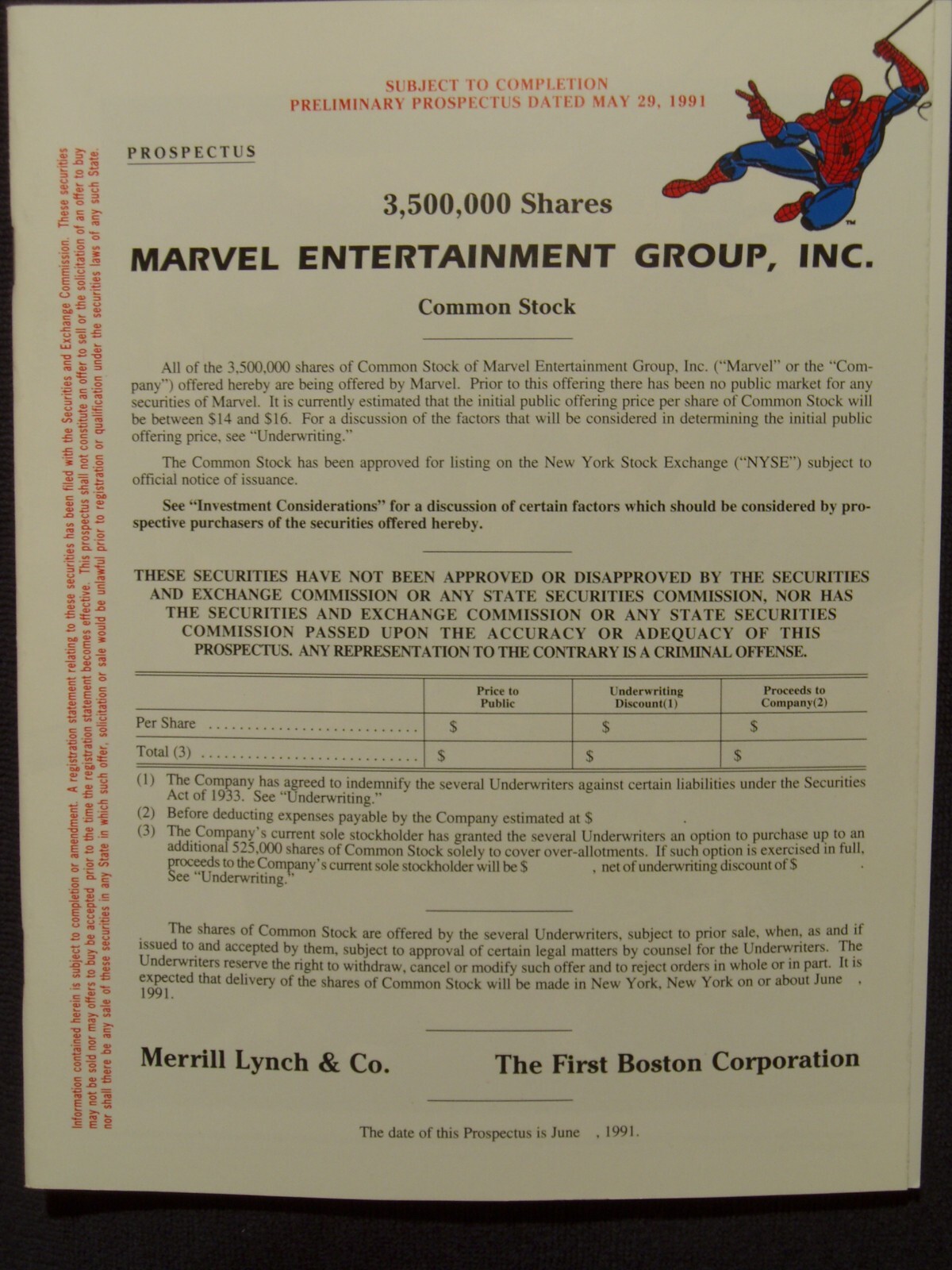 Rare May 29 1991 Marvel Entertainment Group Stock Red Herring Prospectus VF 9.0