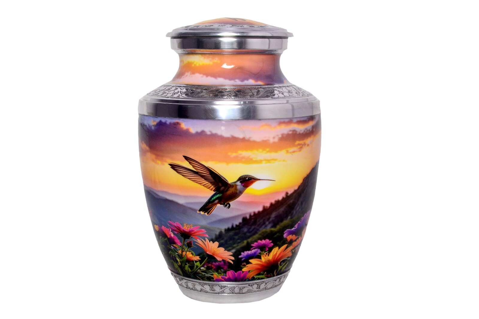 Premium Hummingbird Cremation Urn for Adult Ashes – Floral Engraved Metal Urn