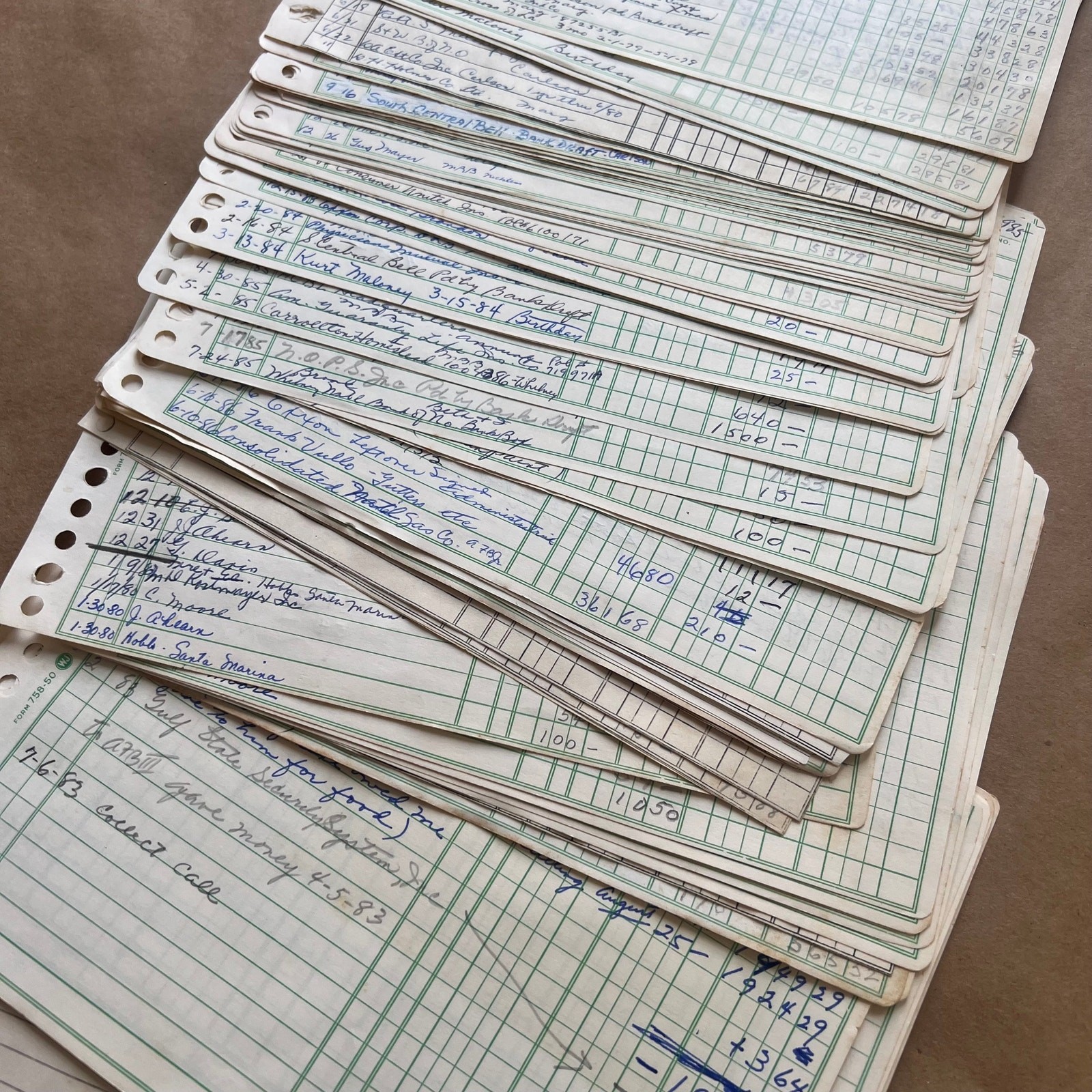 Vintage Green Ledger Sheets x10 | 1980s Handwritten Junk Journal Ephemera