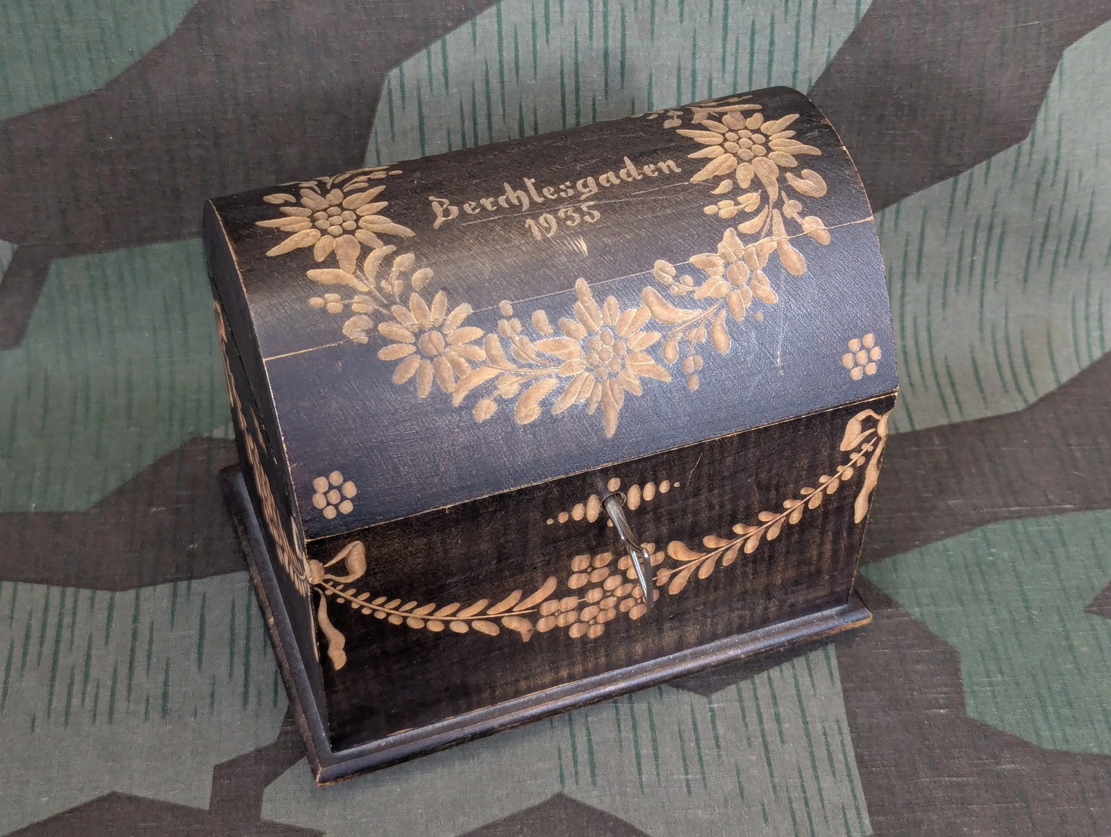 Pre WWII Vintage German Berchtesgaden 1935 Wooden Lock Box & Key 1930s Edelweiss