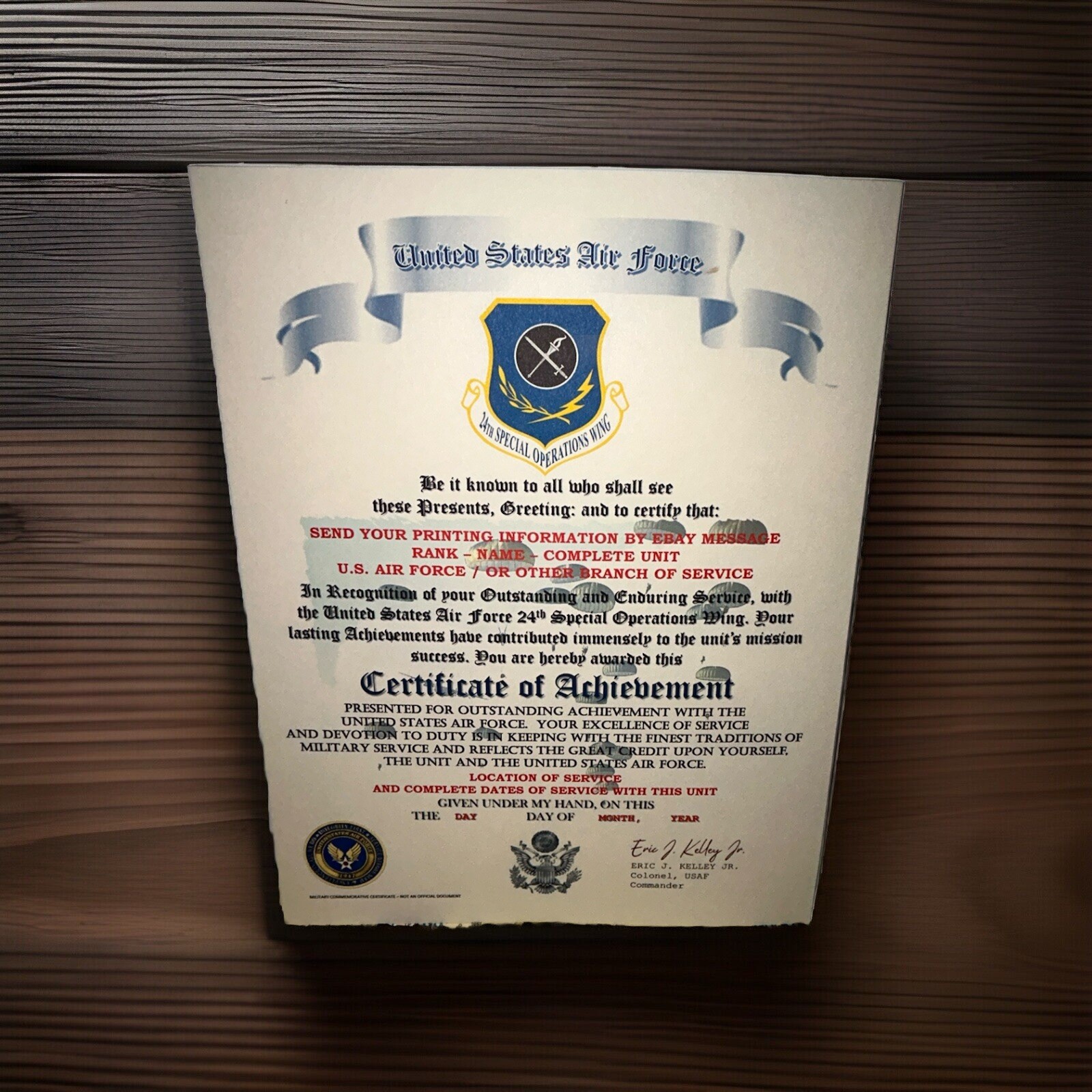 U.S.A.F. / AIR FORCE 24TH SPECIAL OPERATIONS WING - CERTIFICATE OF ACHIEVEMENT