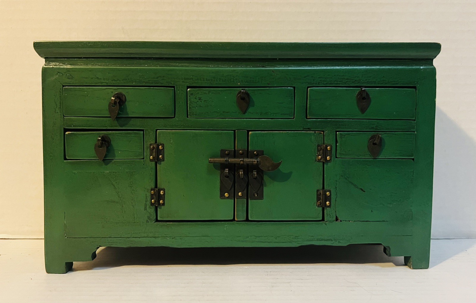 Rare Antique Asian Green Wooden Jewelry Box Chest Cabinet 