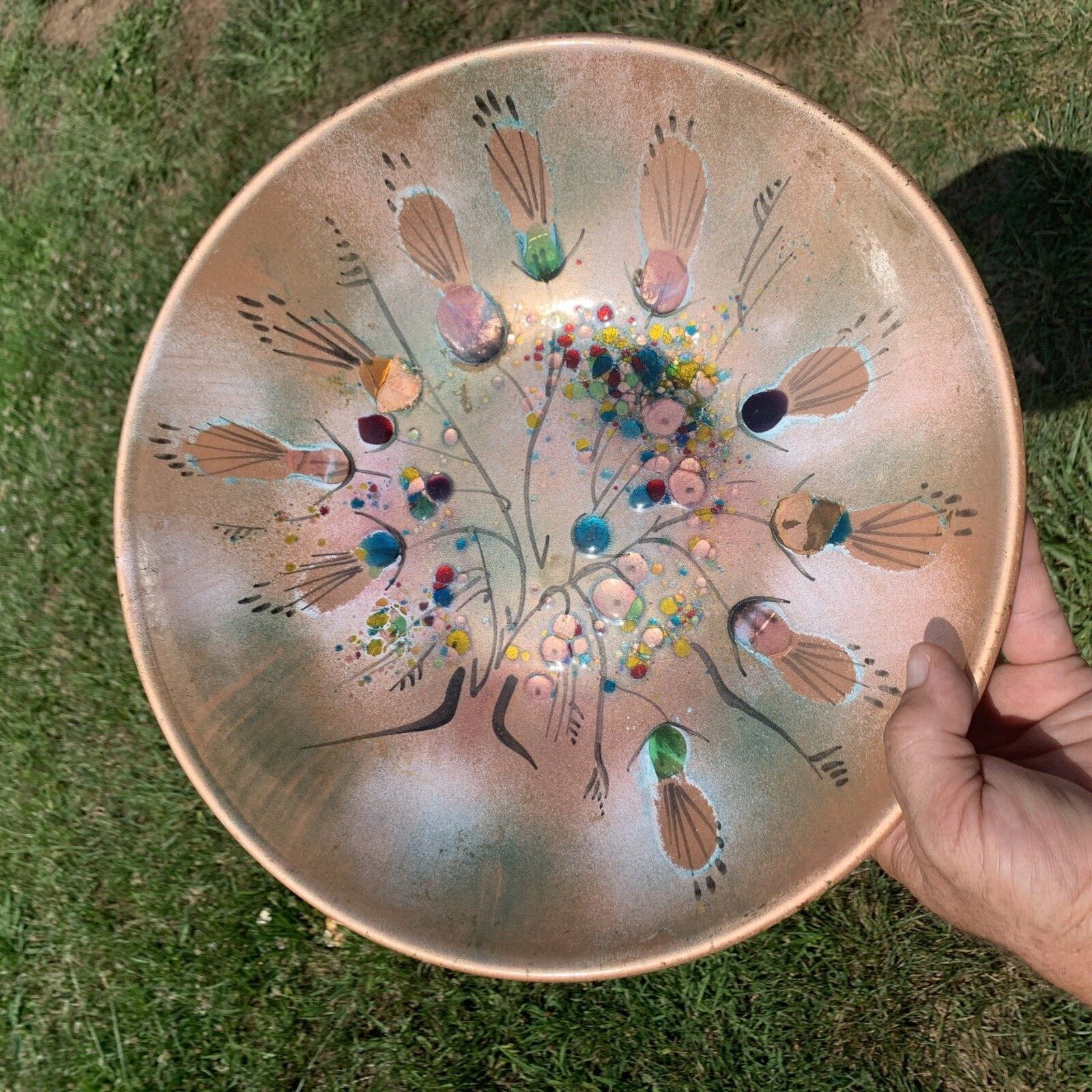 RARE Vintage 1940\'s PEACOCK Thumb Print Enamel Cloisonné Copper bowl ❤️sj11h5s