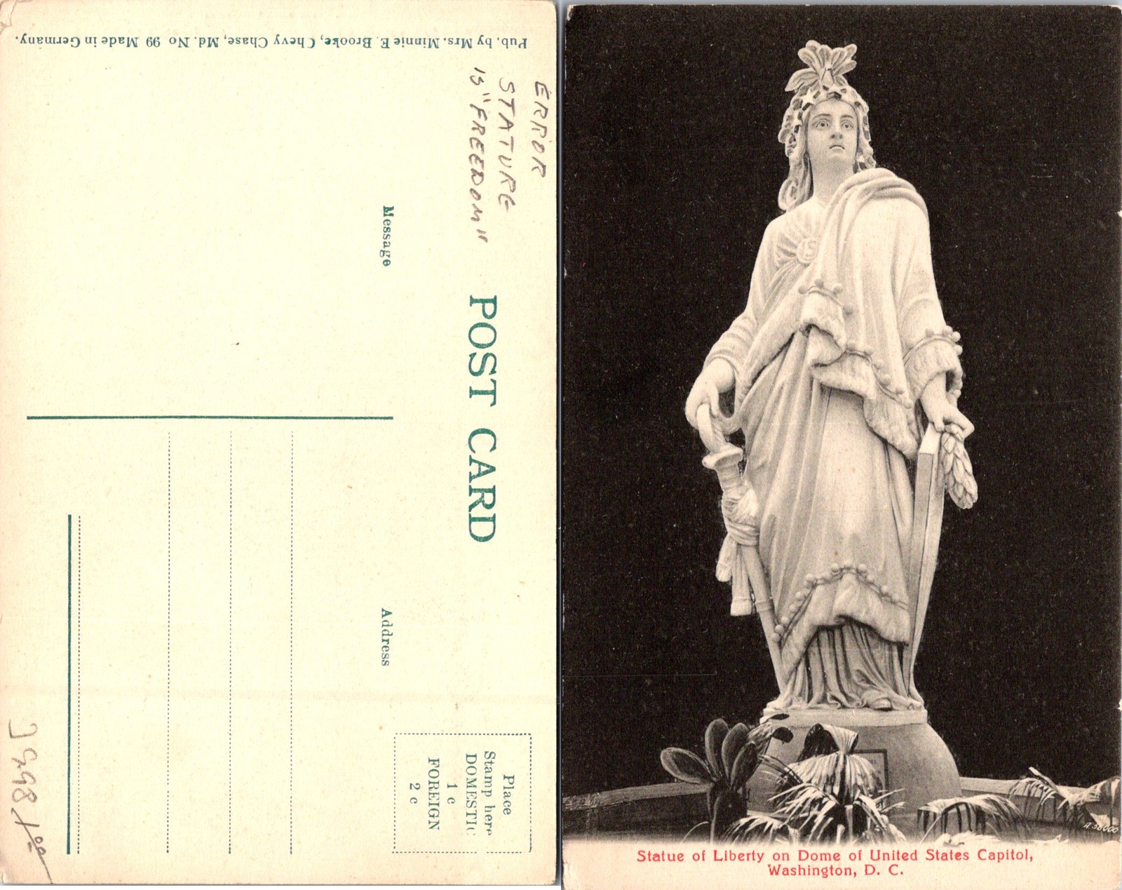 Washington DC Statue of Liberty (Freedom) on Dome of U.S. Capitol Postcard 72247