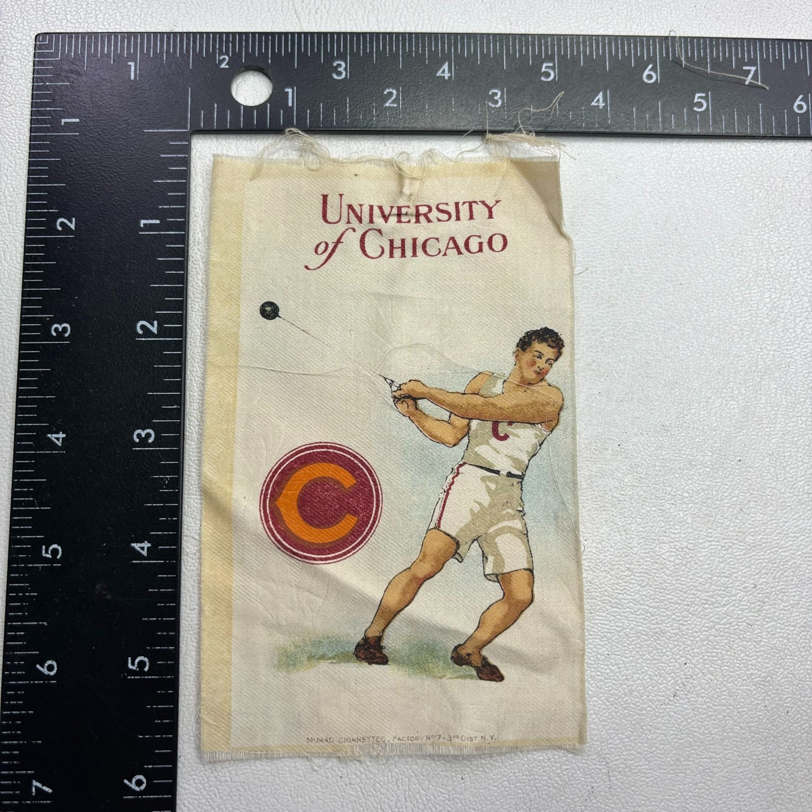 Vtg c 1910s S22 UNIVERSITY CHICAGO HAMMER THROW Murad Cigarettes Silk Patch 32D3