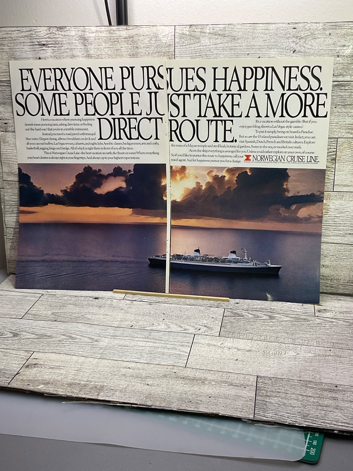Vintage 2 Page Printed Ad 1989 Norwegian Cruise Line. Everyone Pursues Happiness