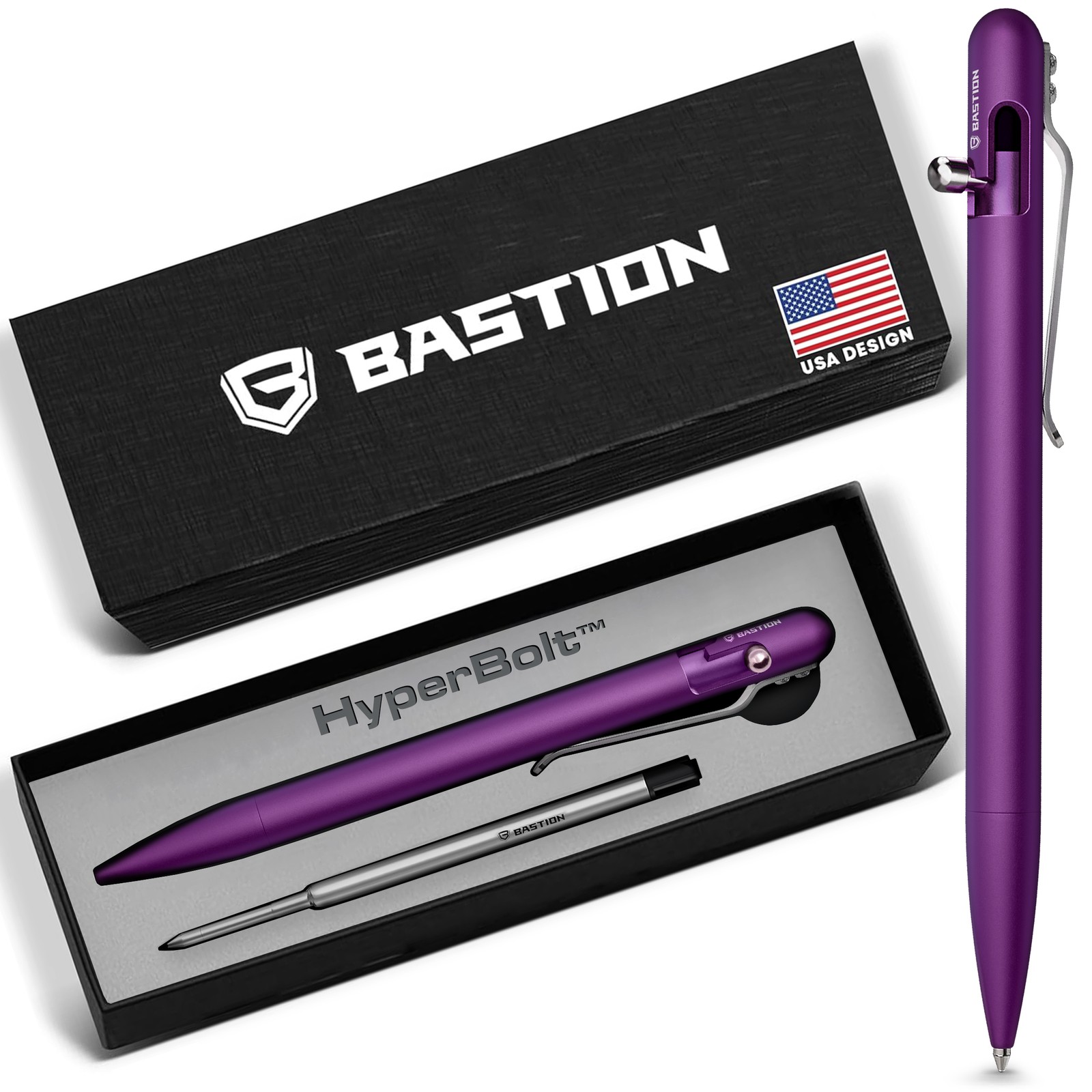 BASTION Slim Aluminum Purple Bolt Action Ink Pen | EDC Pocket Mens Gift Metal