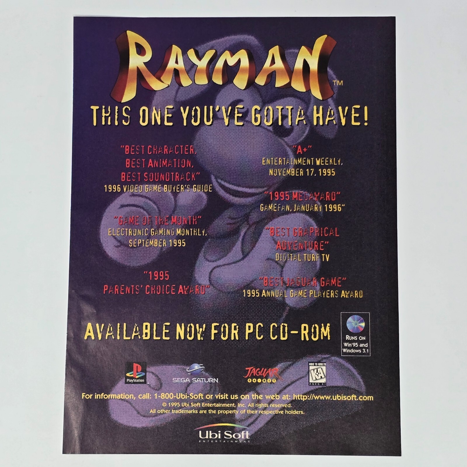 Rayman 1 PlayStation 1 PS1 Sega Saturn Atari Jaguar PC Print Ad/Poster Promo Art