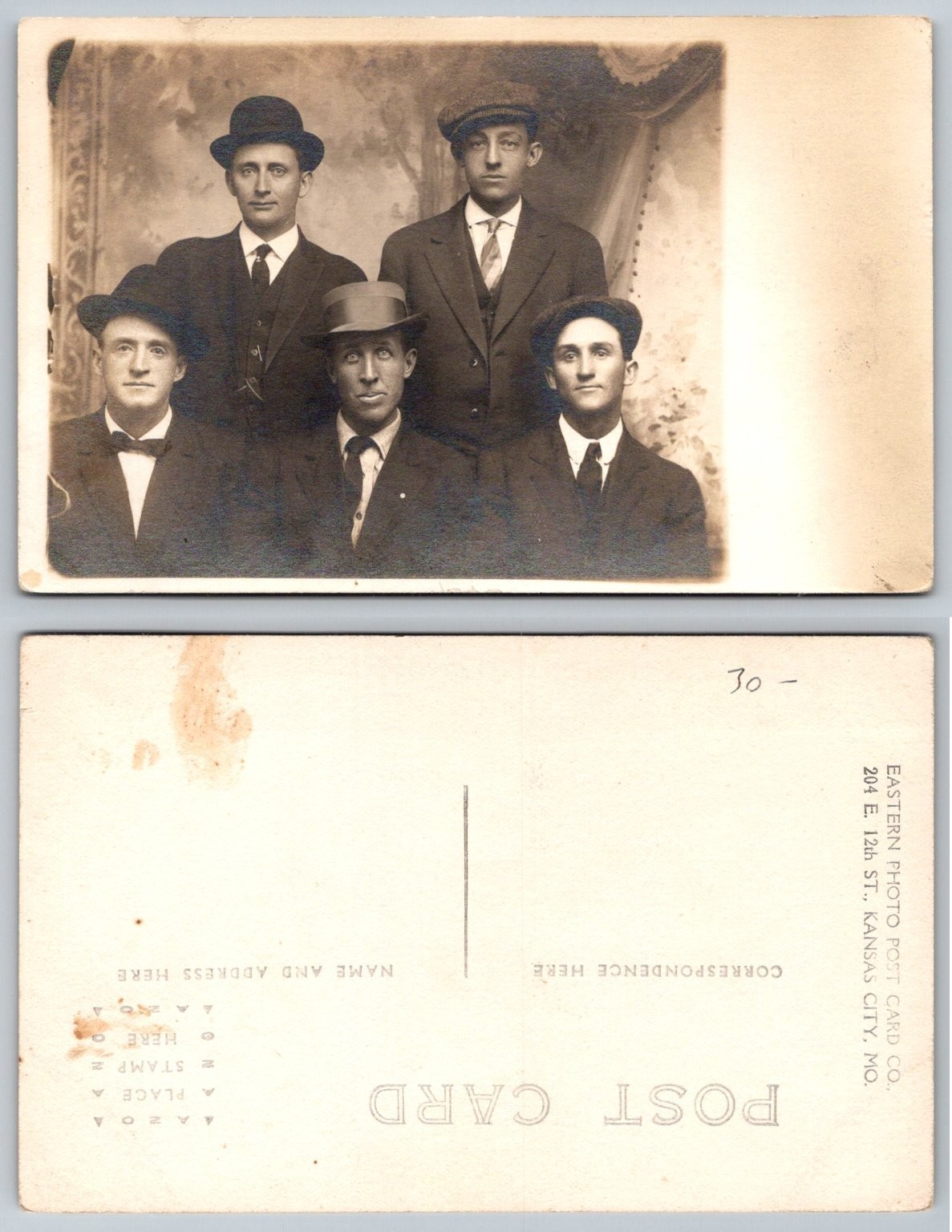 Vintage RPPC 5 Men Group Portrait Kansas City MO Eastern Photo Post Card 1910s