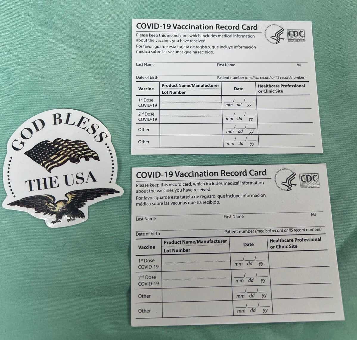 2 Pcs CDC COVID 19 Vaccination Blank Card Collector Use  WITH TRACKING