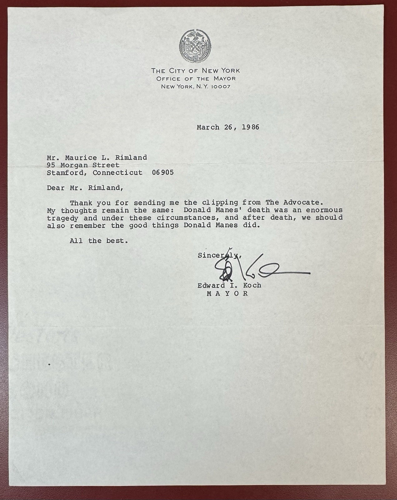 New York Mayor Ed Koch, March 26, 1986, Typed, Hand Signed Letter