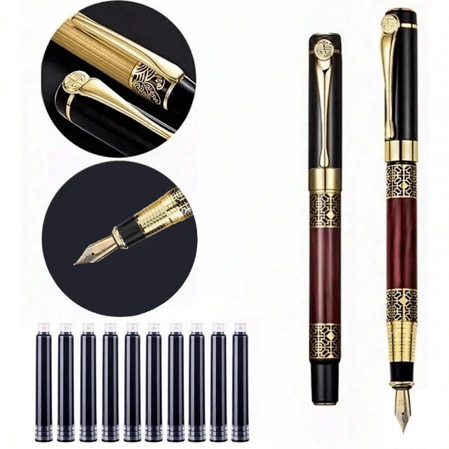 Fine Nib Fountain Pen with 10 Ink Cartridges Metal Refillable Calligraphy Pen