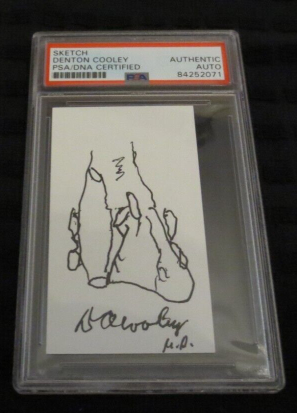 Denton Cooley MD (dec) signed autographed sketch psa slabbed business card