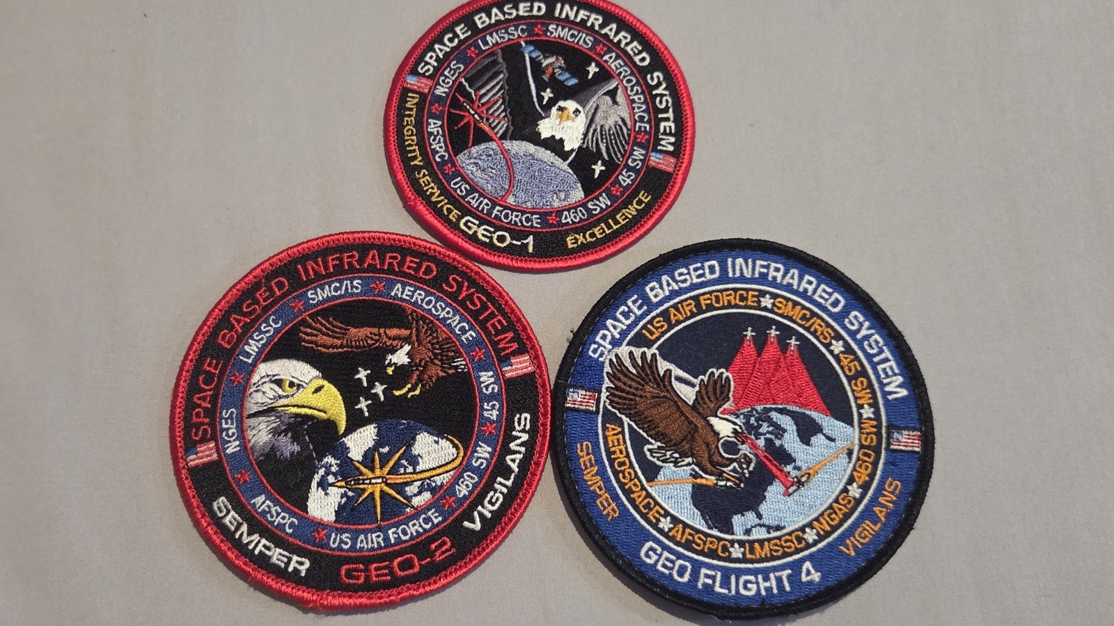 ​Lot of 3 USAF SBIRS Space Based Infrared System Patches GEO1, GEO2, GEO4 Flight