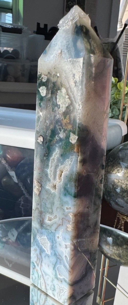 Mystic 6” 322g Crystal Druzy Green/Blue Moss Agate Tower Item#B102