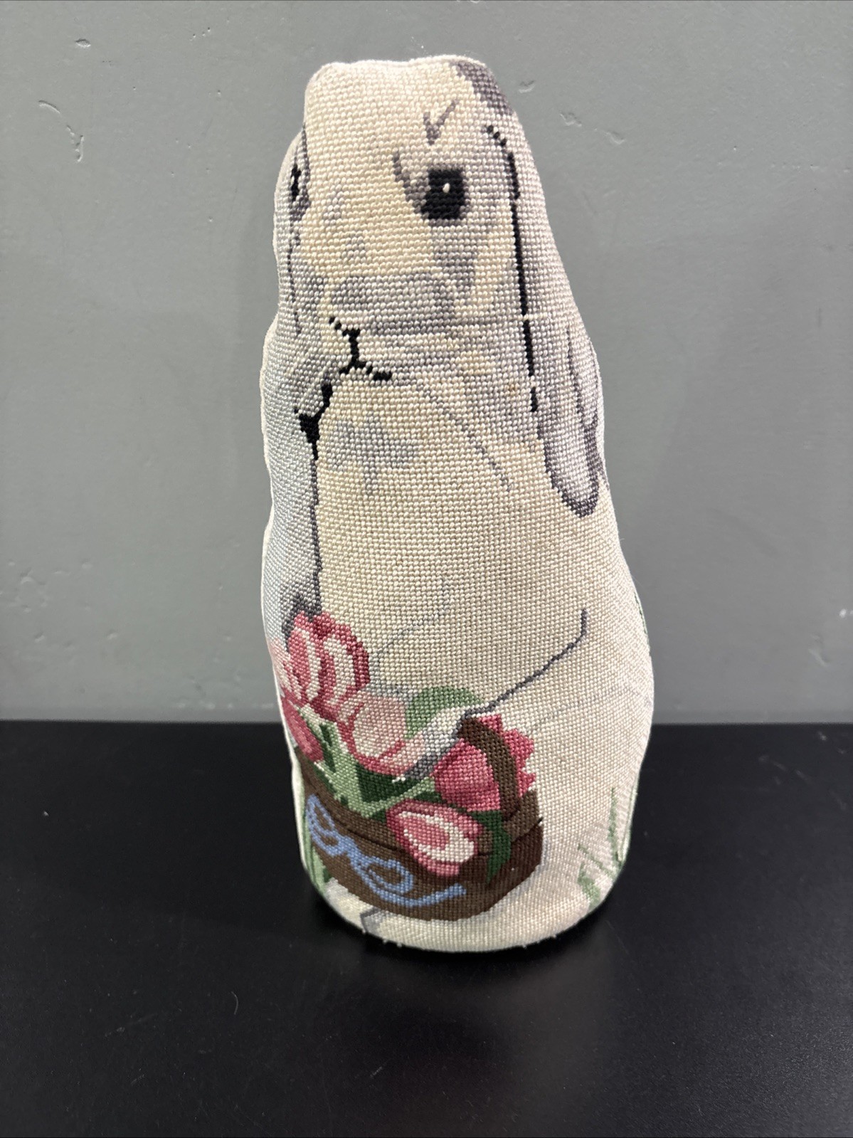 Vintage Embroidered Bunny, Rabbit Doorstop With Tulips