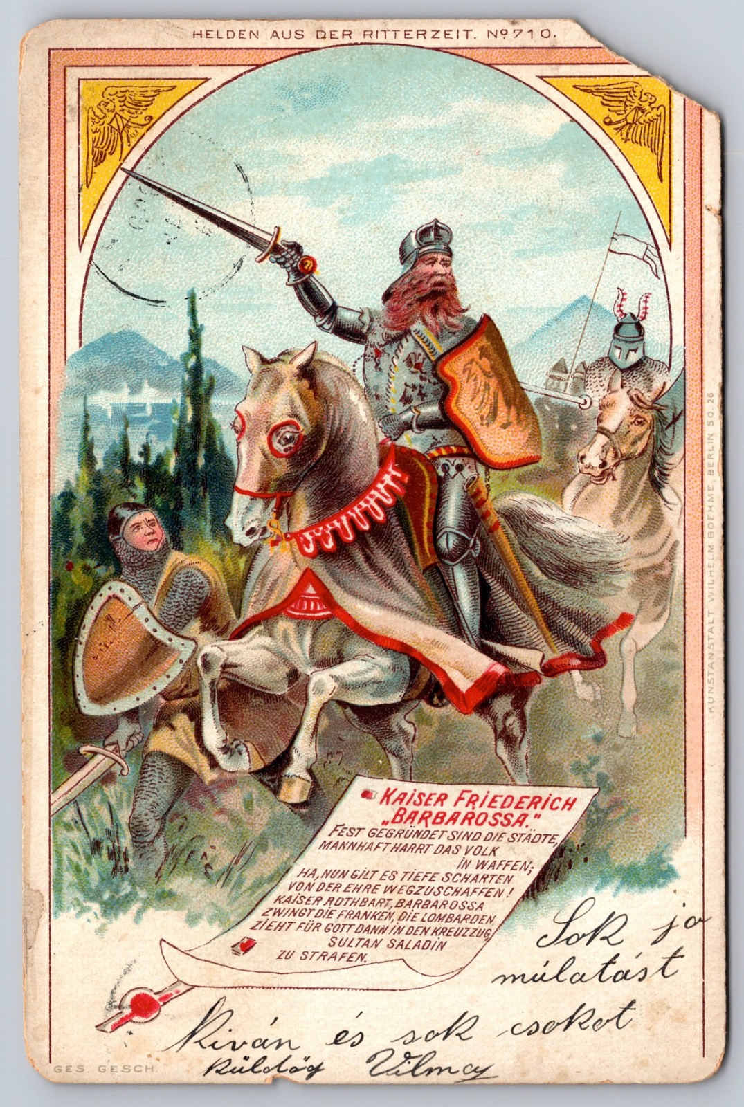 Postcard Medieval Emperor Barbarossa On Horseback Leading Battle Charge Knight 