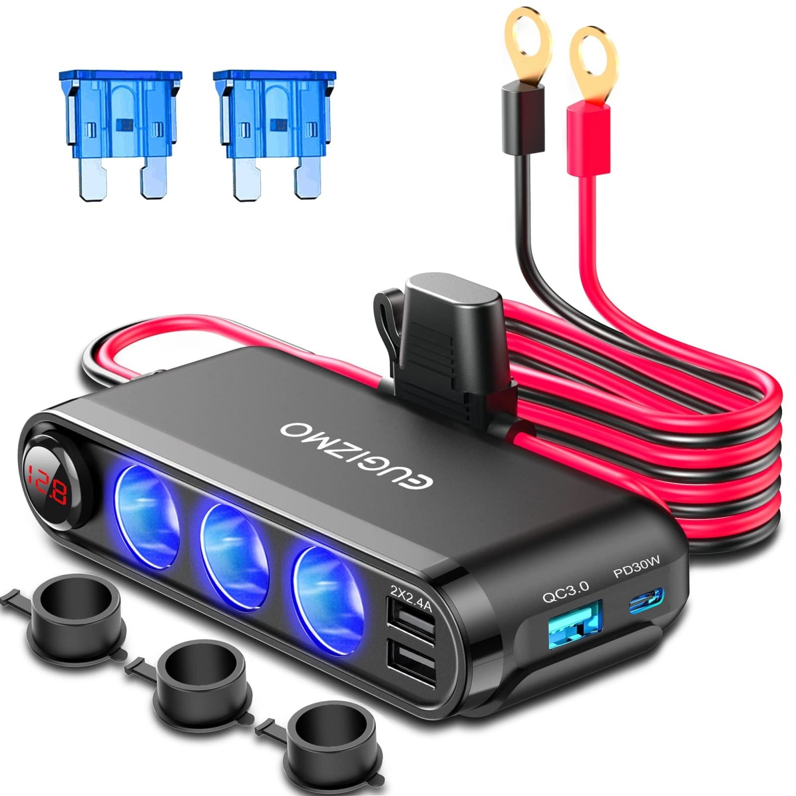 200W 3 Socket 12V Car Cigarette Lighter Splitter USB-C PD 30W QC3.0 LED Display