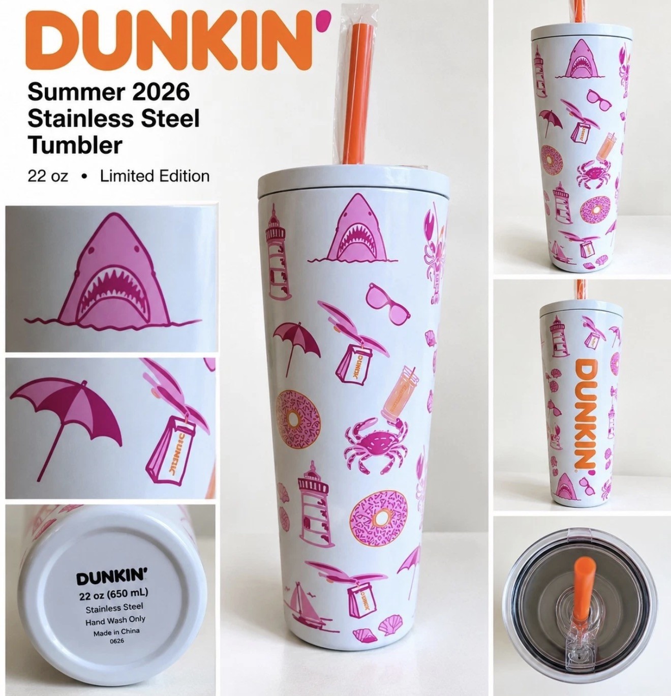 New Rare Dunkin Donuts Summer 2026 Stainless Steel 22oz Tumbler 