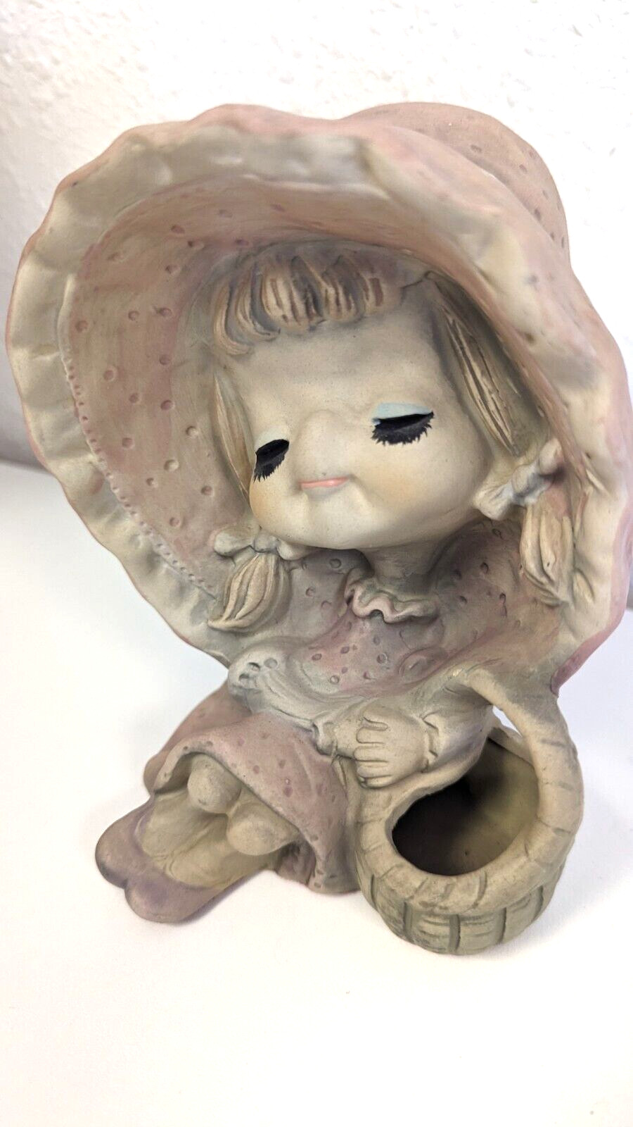 Vintage UCTCI Girl Big Hat Eyelashes Pink Japan Ceramic Figurine Holly Hobby MCM